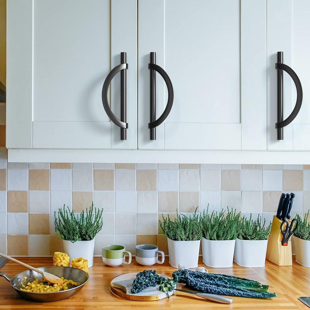 10 Pack Matte Black Cabinet Pulls 5 in (128 mm) Hole Centers Kitchen Cabinets