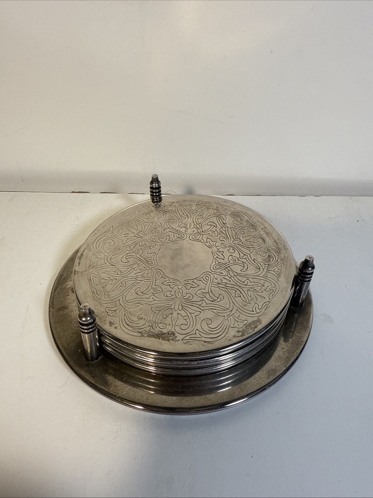 Vintage set 3 Silver plate Embossed Leaf design Coasters with Holder