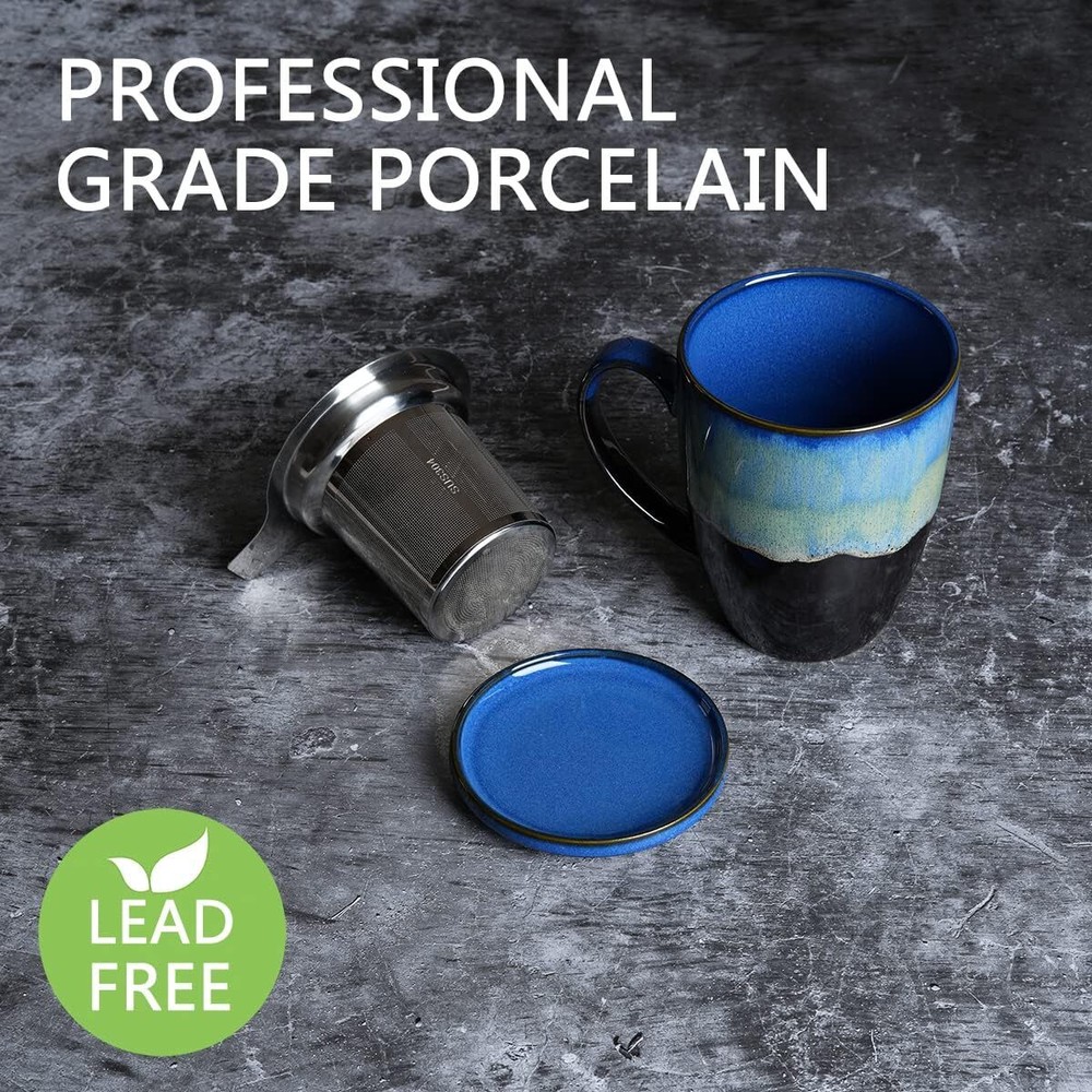 Bosmarlin Ceramic Tea Cup with Infuser and Lid, 13.5 Oz, 4 Blue