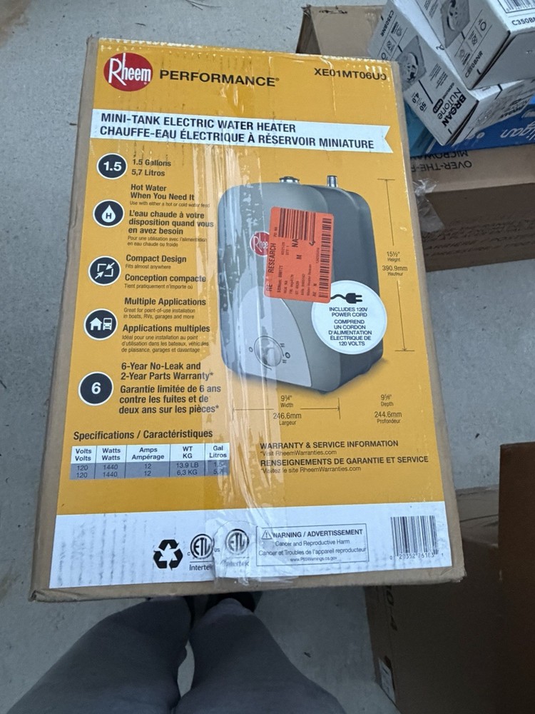 Rheem XE01MT06U0 Mini-Tank Electric Water Heater 1.5 Gal Compact Gray 120V