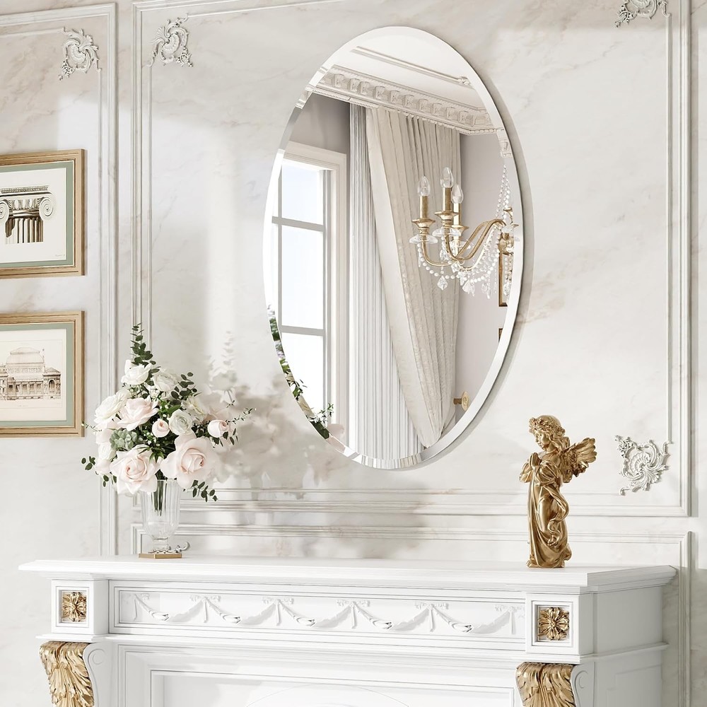 Modern Frameless Beveled Oval Mirror 36"x24" Reinforced Back Panel Vanity Mirror