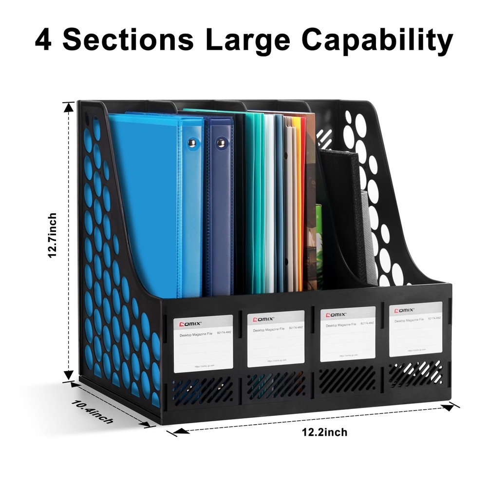 Comix Magazine File Holder Rack/Vertical Desktop Large-4 Black, Black