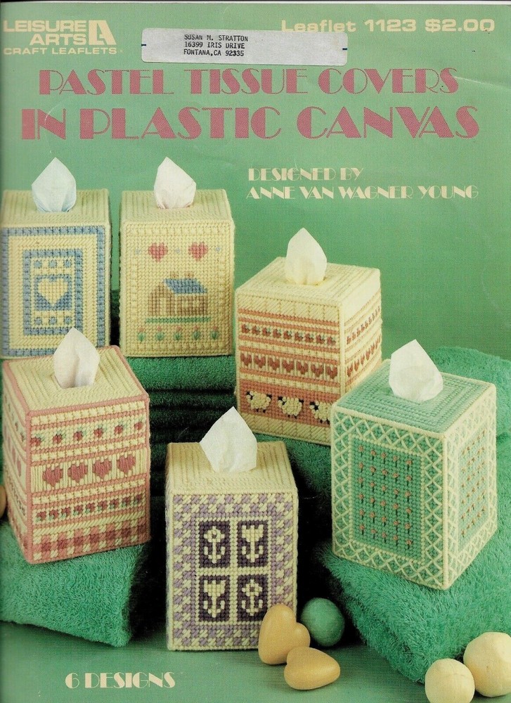 USED PASTEL TISSUE COVERS 6 HOME DECOR DESIGNS PLASTIC CANVAS PATTERN LEAFLET