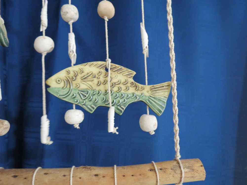 Ceramic Hanging Fish Decor Nautical Beach Wind Chime Driftwood Shells 44 “ Long!