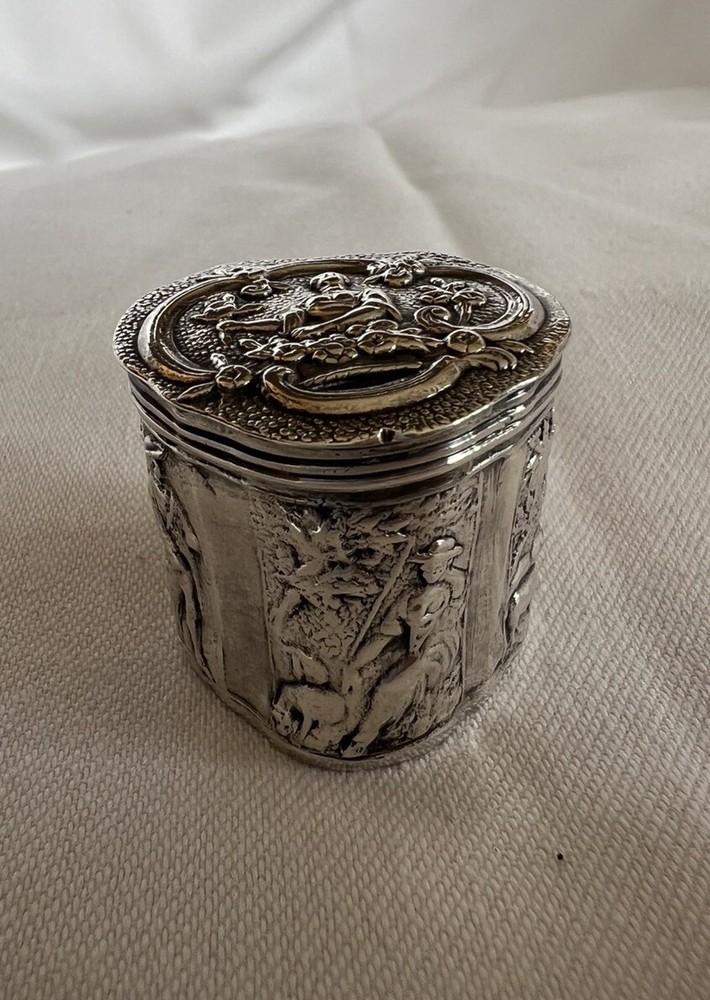 Antique 19th C Dutch Sterling Silver Repousse Pill Box