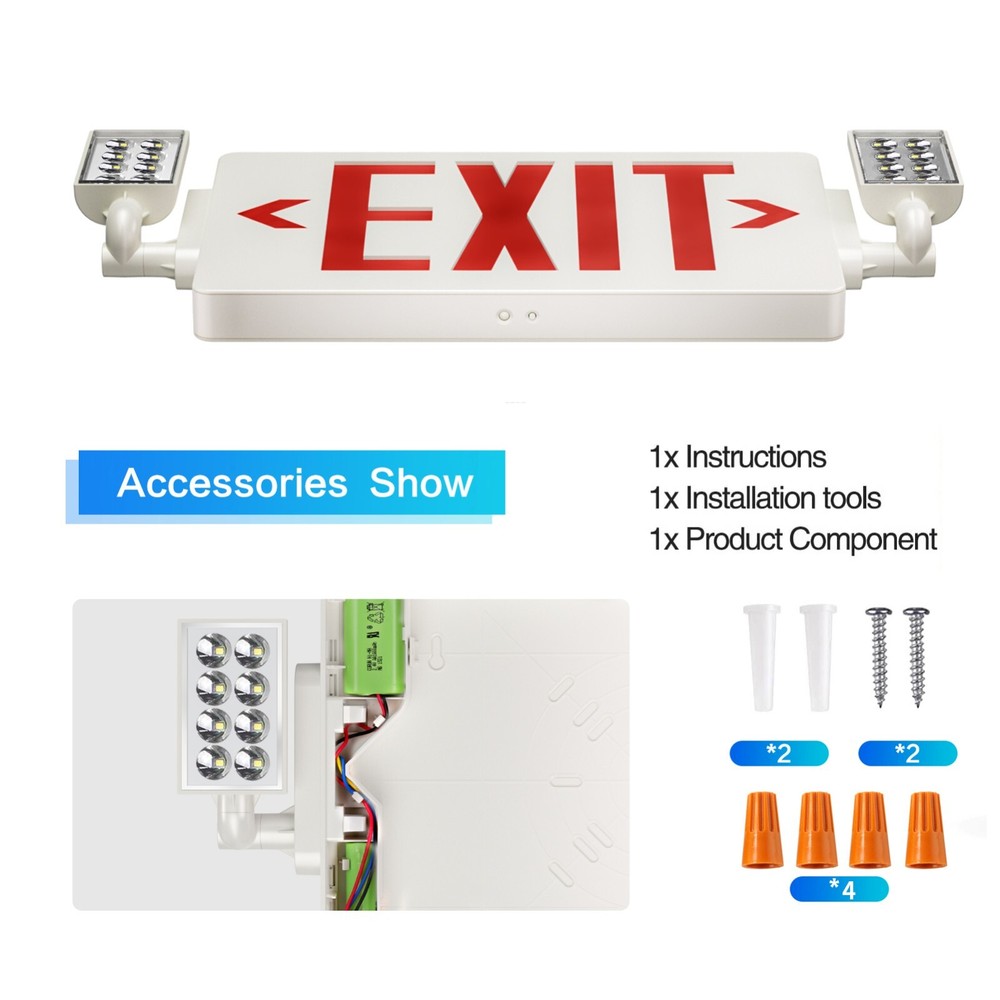 UL Listed-4 Packs Led Red Exit Sign Combo with Lights Battery Backup Set.