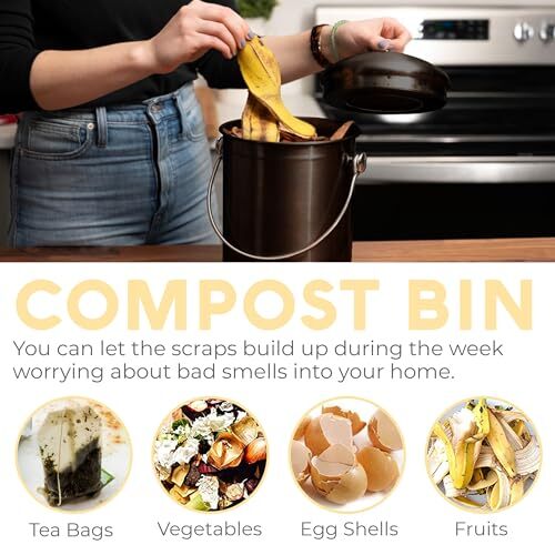 Countertop Compost Bin Kitchen | 1.3 Gallon | Odorless Composting Bin With Carbo