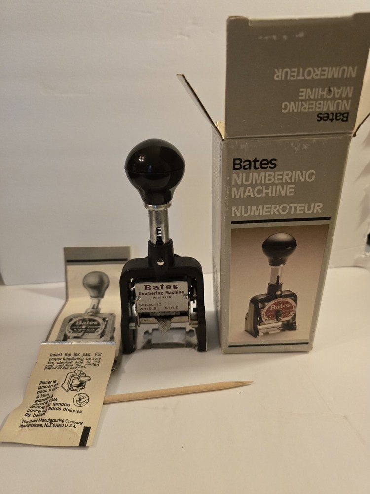 Vintage Bates Numbering Machine  In Original Box Instruments Ink Packet Unopened