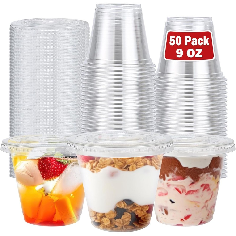 50 Pack 9oz Clear Plastic Parfait Cups with Flat Lids Dessert
