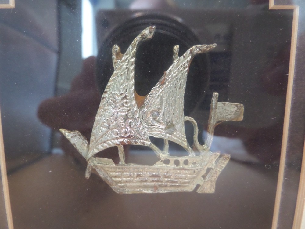 Sterling Silver 925 Ship Miniature Damascene Style Etching Framed