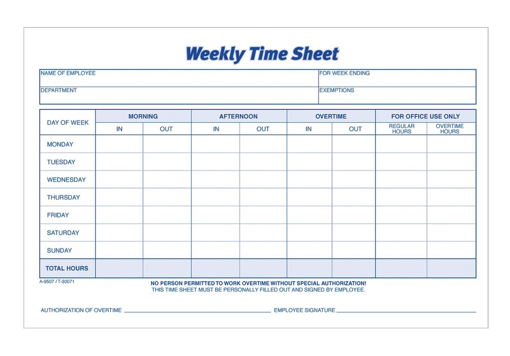 Adams Time Sheet, 9 x 5.5 Inch, Weekly Format, 2-Part, Carbonless, 100-Pack,