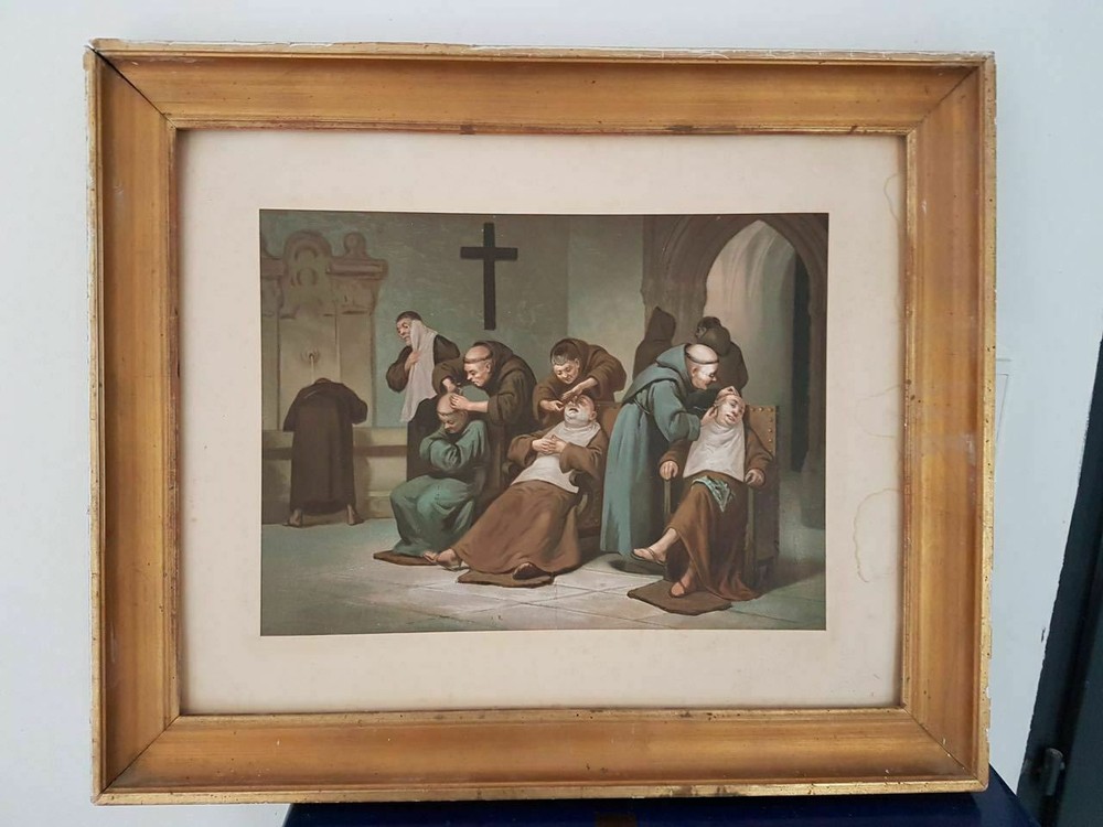 Old Engraving "Religious Scene" Monks