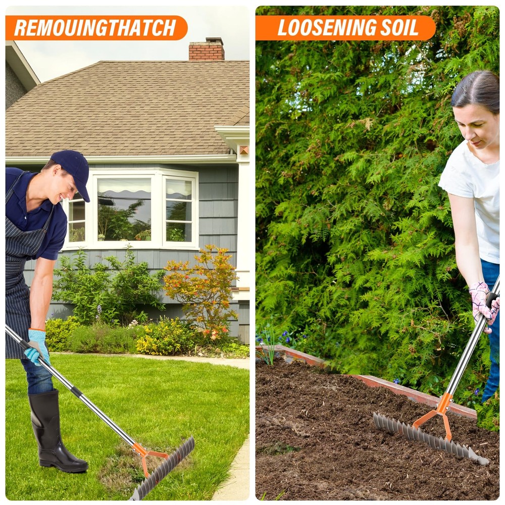 Adjustable Thatch Rake 19 Tine Lawn Dethatcher 62in Spring Yard Aerator