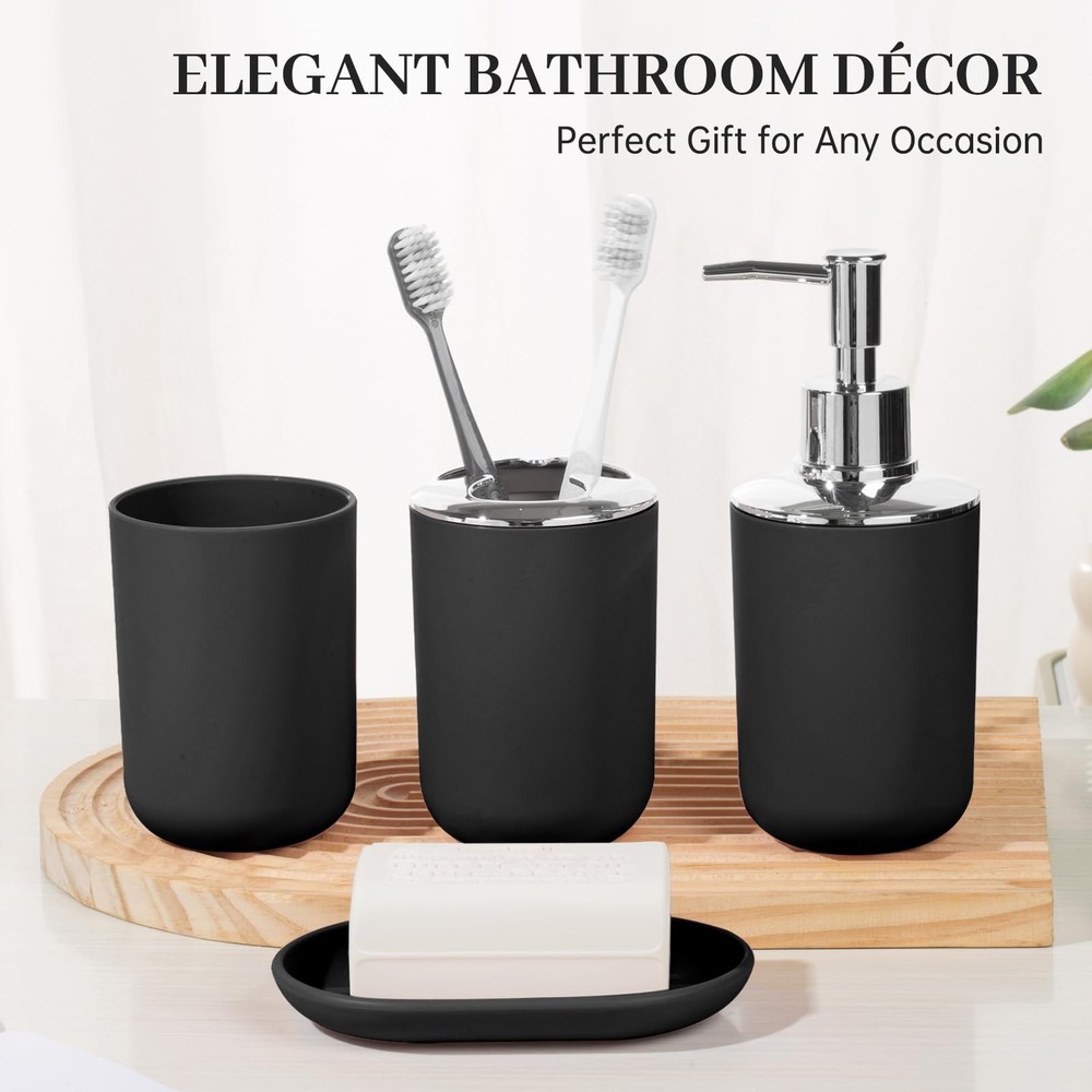 4 Piece Bathroom Accessory Set Black Modern Plastic