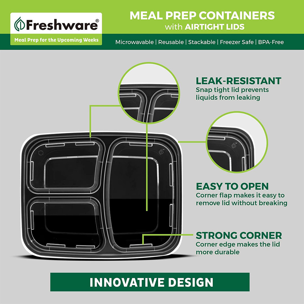Meal Prep Containers [21 Pack] 3 Compartment with Lids, Storage Containers, Ben
