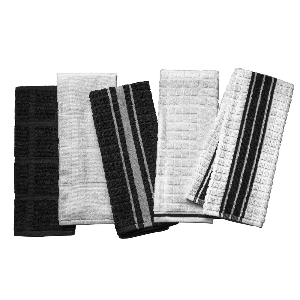 Kitchen Towels, White & Black, 5 Pack Set