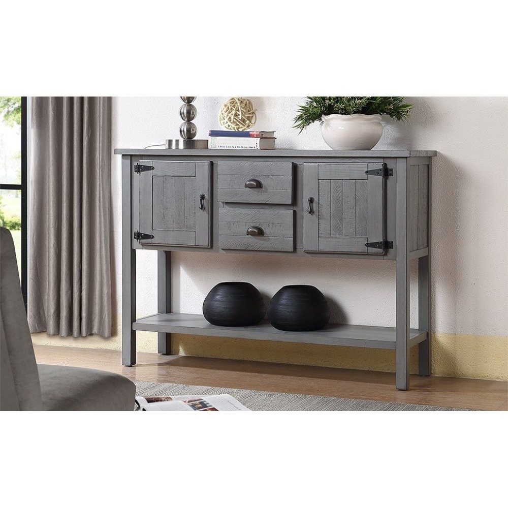 Solid wood side table with 2 drawers, cabinet, bottom shelf, and two doors
