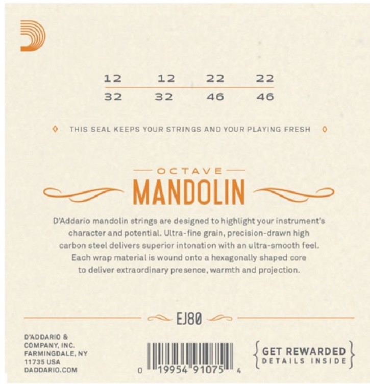 D'Addario EJ80 Phosphor Bronze Octave Mandolin Strings Medium 12-46 J80