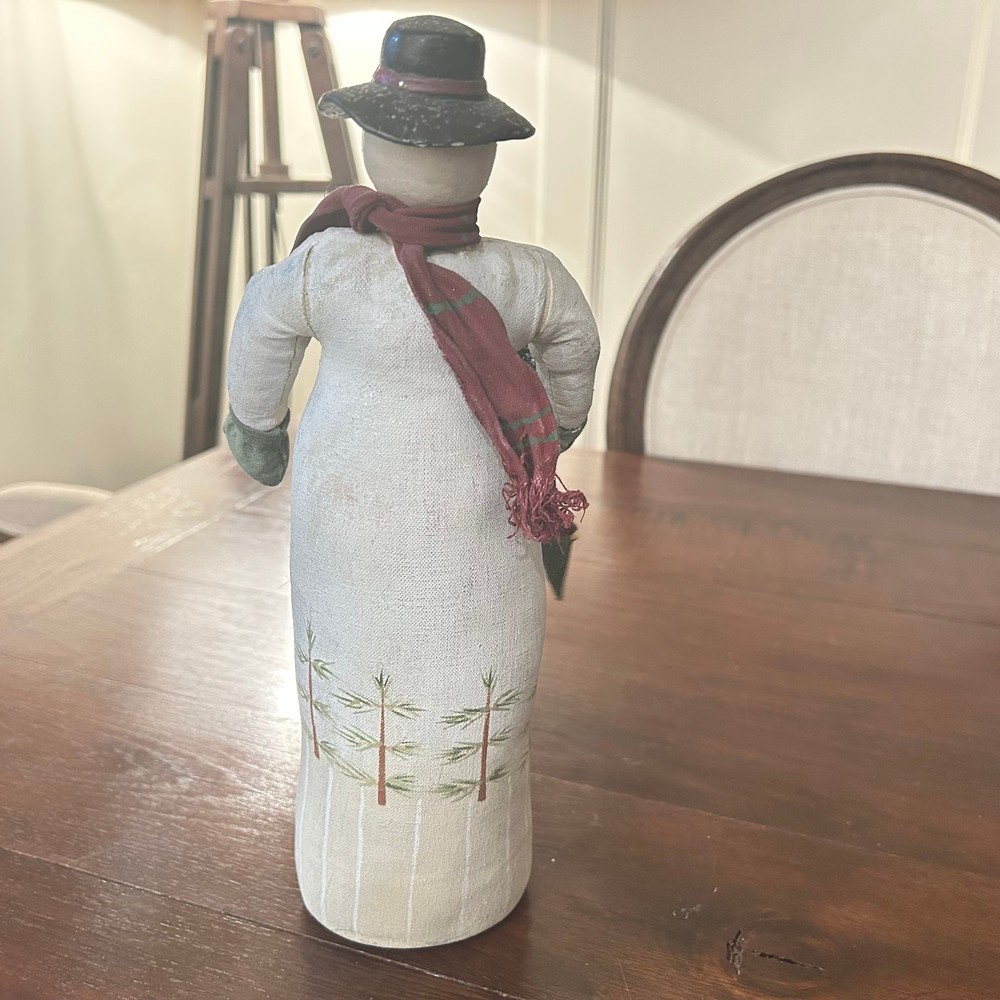 Primative Painted Canvas SNOWMAN w/Clay Head 12"