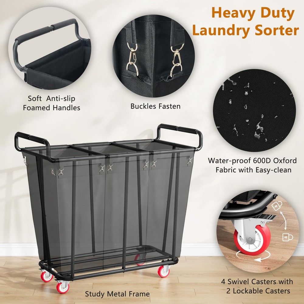 Large laundry hamper with Wheels, 360L 3 Bag Big Rolling Laundry Hamper Sorte...