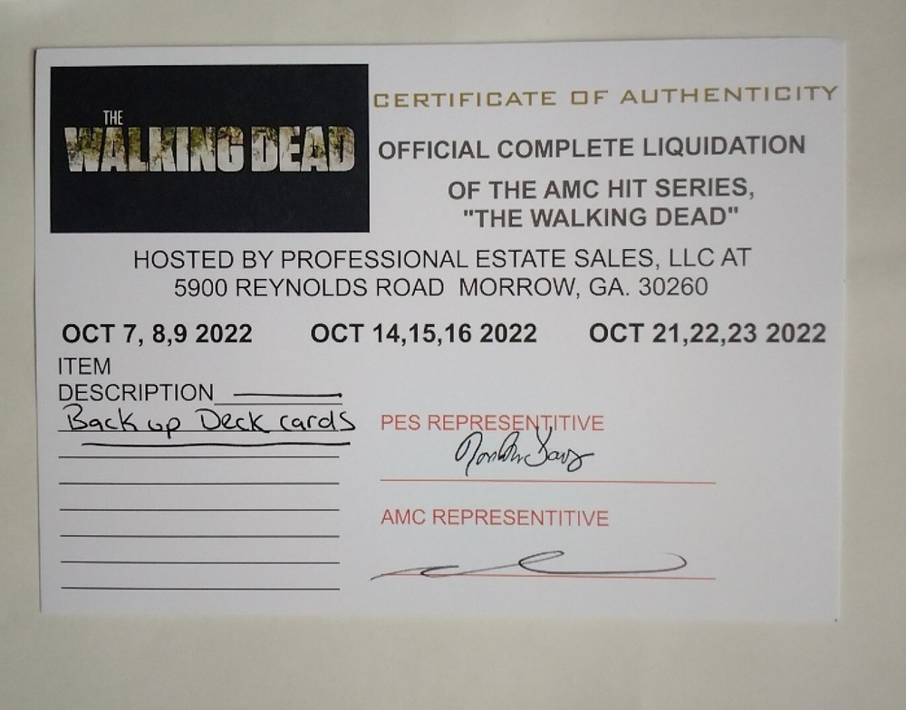 THE WALKING DEAD Single Playing Card PROP From Back-up Deck with Copy COA TWD