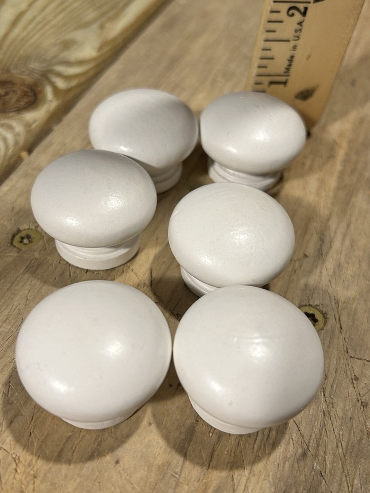 6 White Wood Knobs Drawer Cabinet Vintage Door Pulls Round 1”