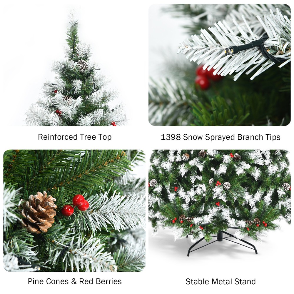 7.5 FT Pre-lit Snow Sprayed Christmas Tree Artificial Xmas Tree w/ LED Lights