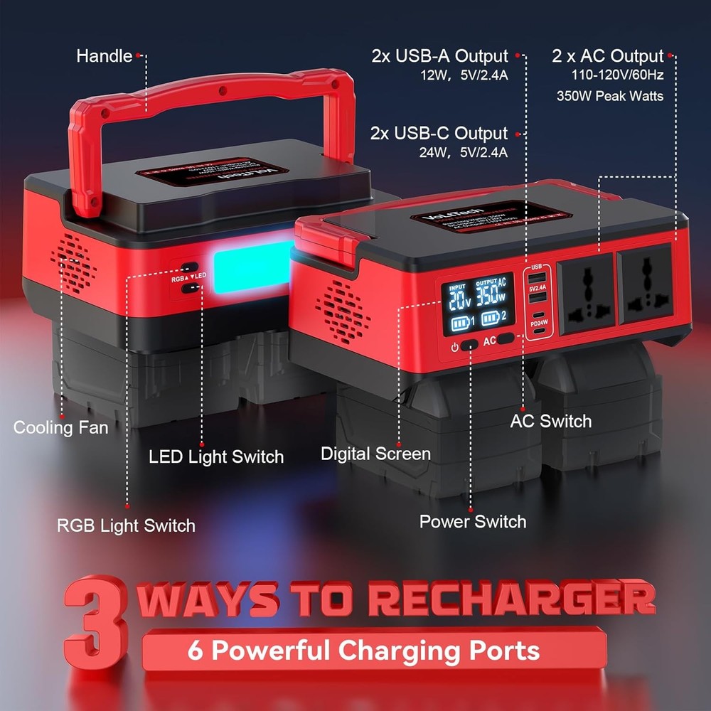 350W Power Inverter Compatible with Milwaukee: Portable Battery Adapter Phone C