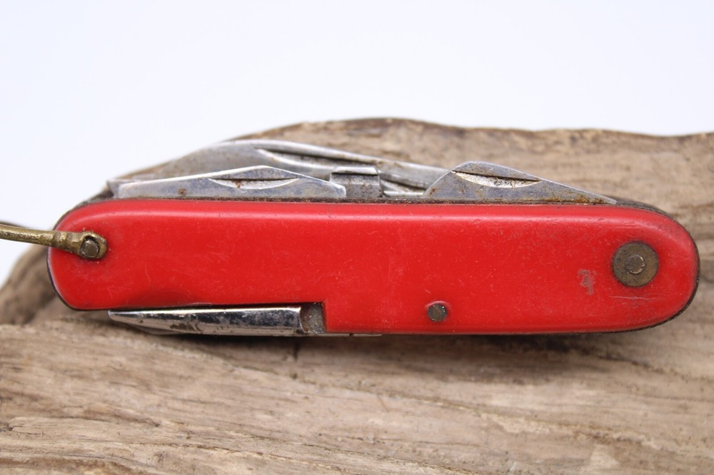 INTERPUR 2 BLADE 8 TOOLS RED PLASTIC HANDLE POCKET KNIFE 3.5" CLOSED (KB4)