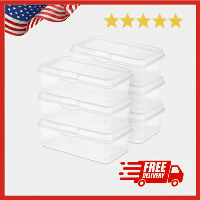 Sterilite 6-Pack Rectangular Large Fliptop, Clear Plastic Storage Box with Hinge