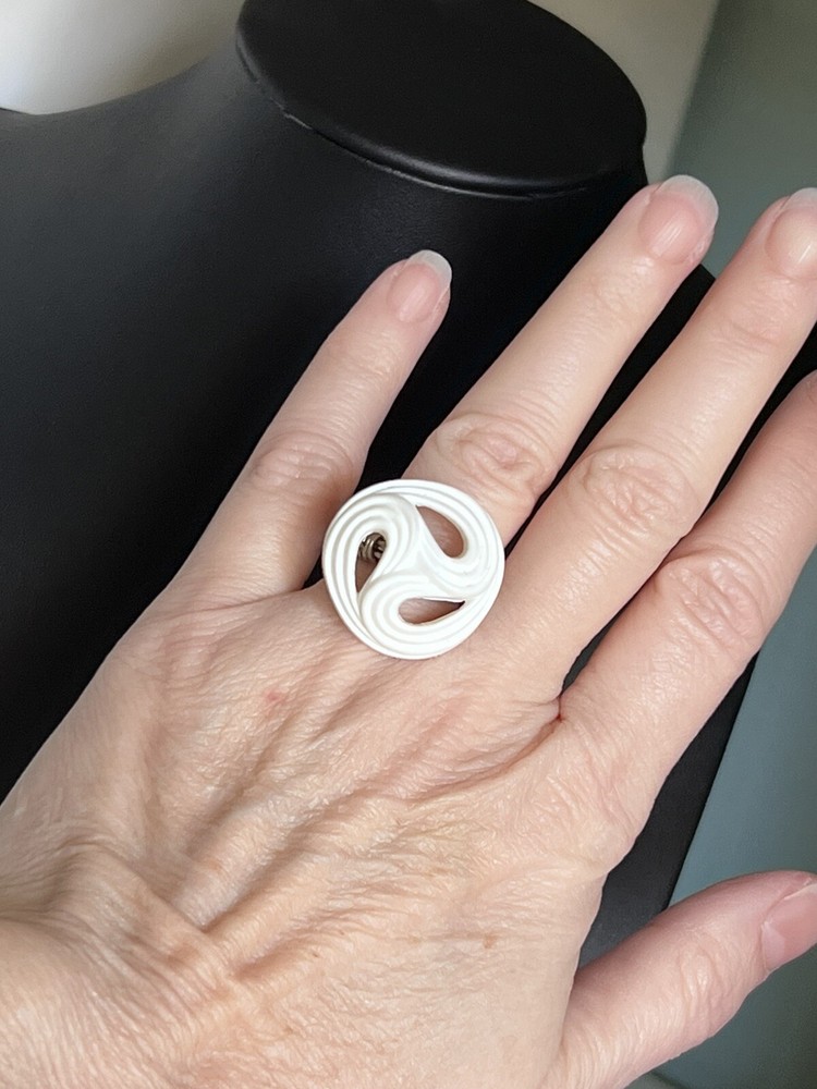 White Creamy Swirl Wire Wrapped Button Ring