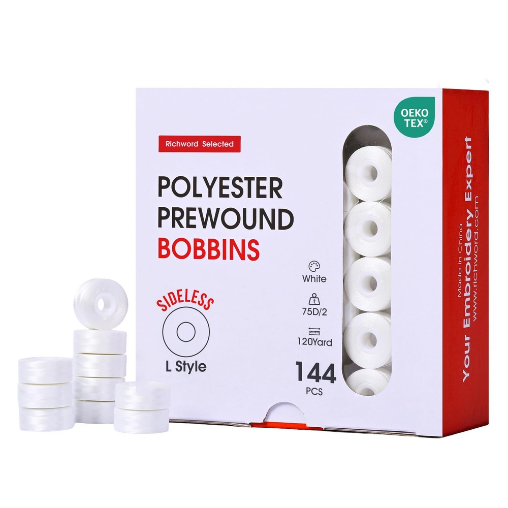 Prewound Bobbins White Sideless 144 PCS Size L SA155 75D/2 Polyester Thread