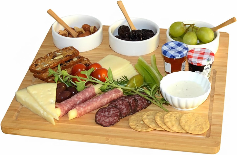 Bamboo Cheese Board/Charcuterie Platter - Includes 3 Ceramic Bowls with Bamboo S
