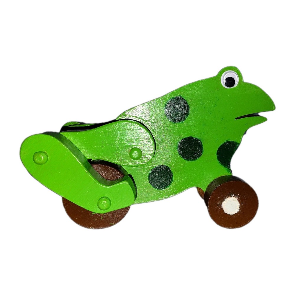 Vintage Handmade Solid Wood Grn Spot Frog Pull Toy Moveable Legs Hand painted