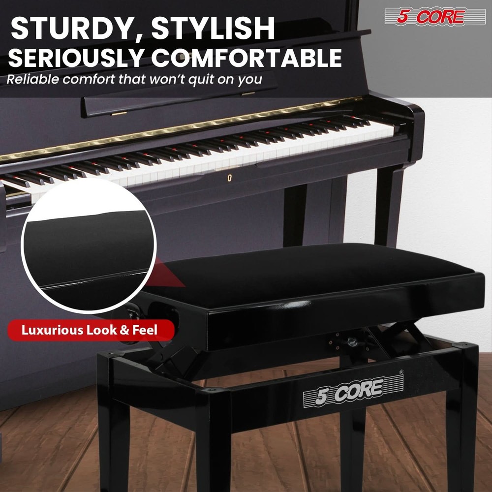5 Core Piano Bench Height Adjustable Padded Cushion Solid Wood Keyboard Stool
