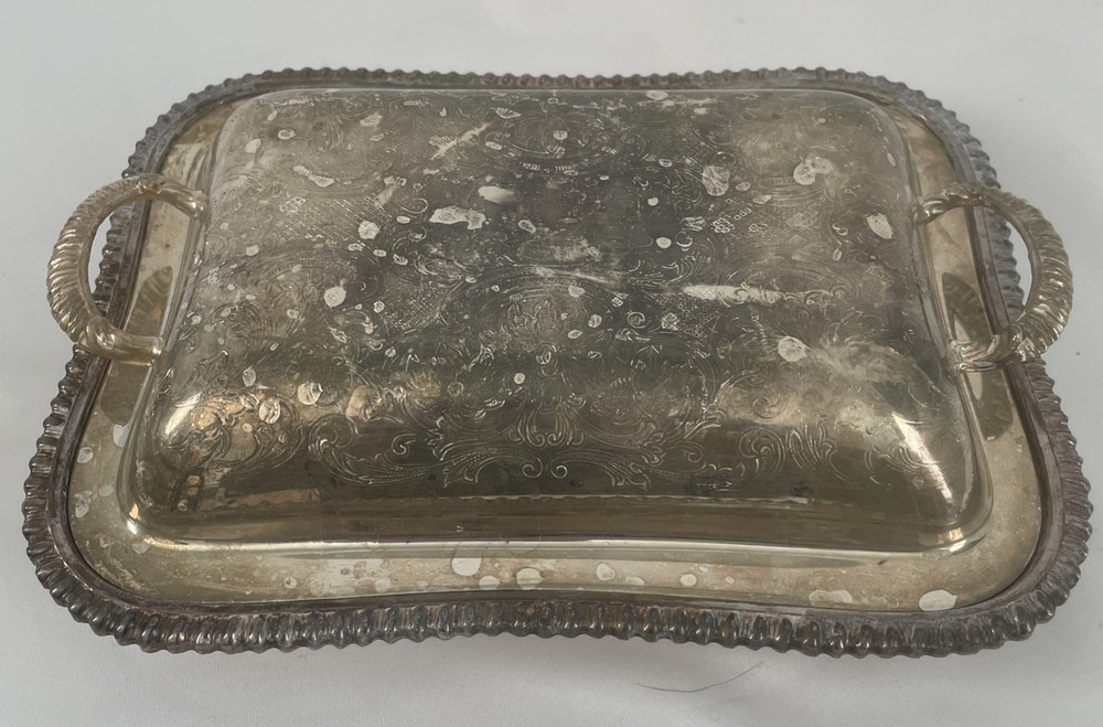 VINTAGE CROWN SILVER PLATED SERVING TRAY WITH LID RECTANGULAR 8” X 6” X 2.5”