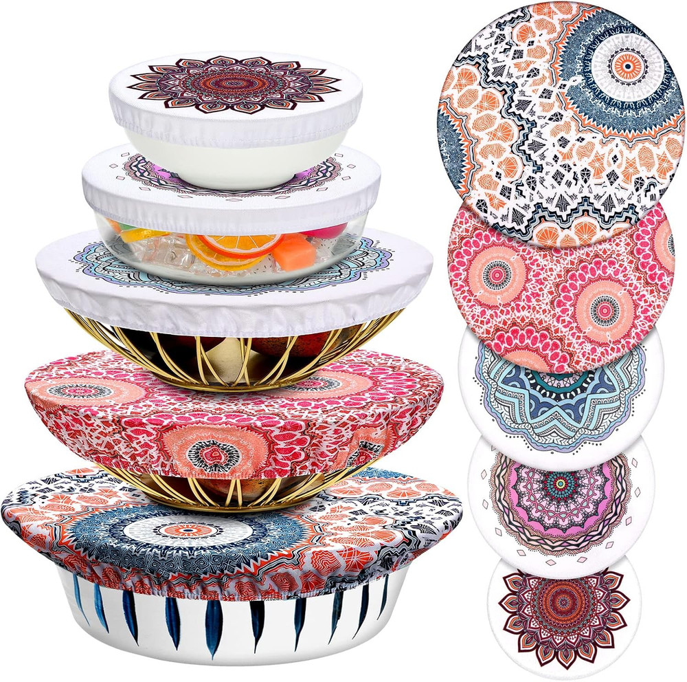 10 Pcs Bowl Covers Reusable in 5 Size Stretch Cloth Fabric Elastic Food