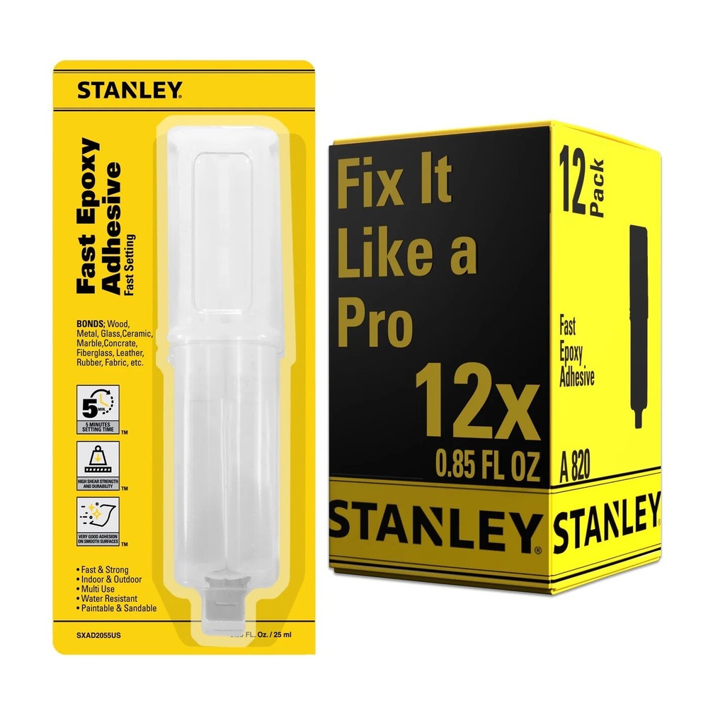Stanley A820 Fast Epoxy Adhesive Quick-Setting Multi-Surface Glue 0.85oz 12 Pack