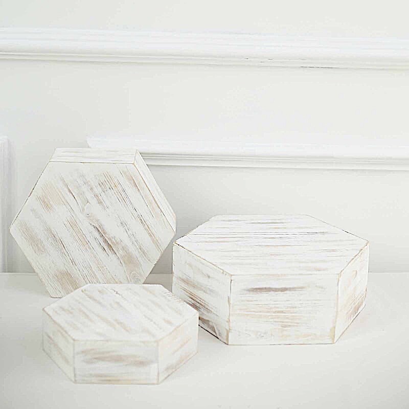 3 Whitewashed Wooden CAKE STAND Hexagonal Dessert Display Boxes Party Events
