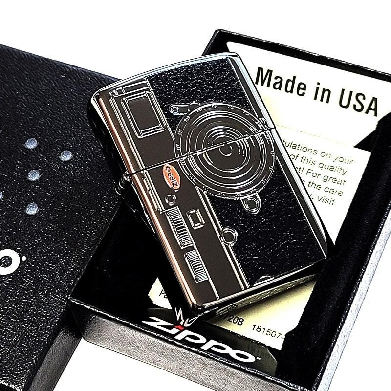 Zippo Camera Black Nickel Etching Engraving Black leather-effect print