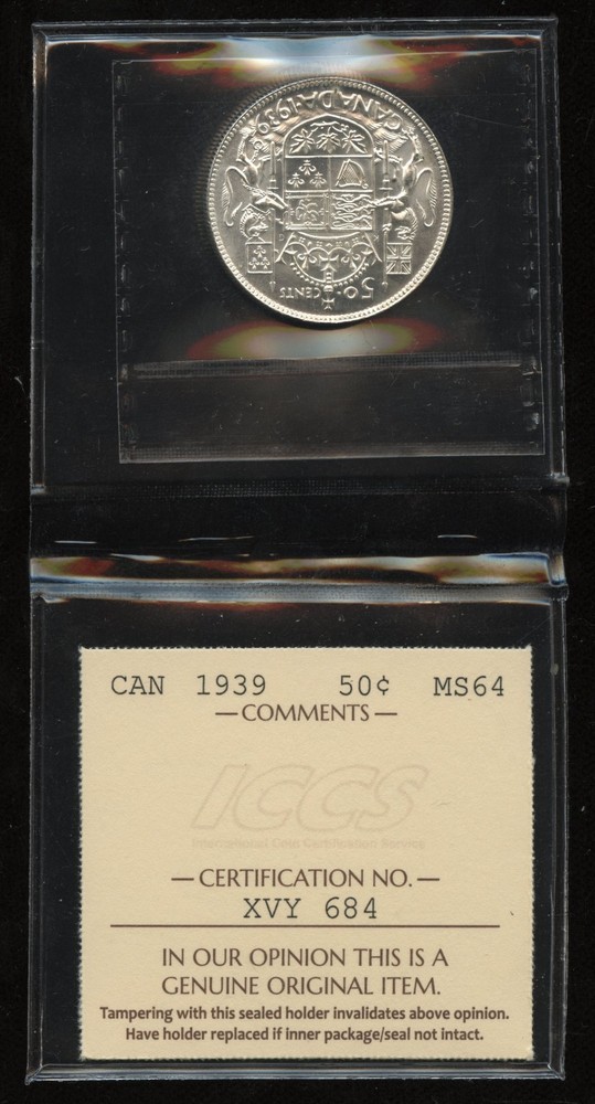 1939 Canada 50 Cent - ICCS MS64, Cert #XVY 684