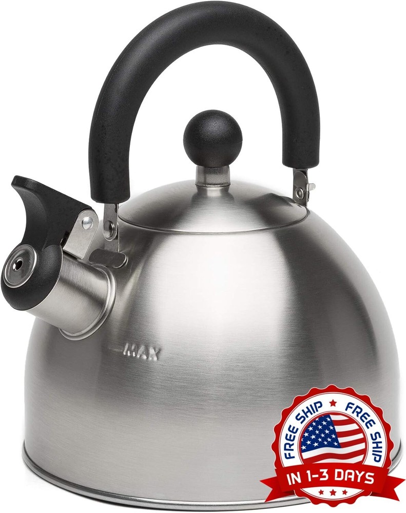 Tetera de 1.5 cuartos de moderna de acero inoxidable, cepillado con mango negro