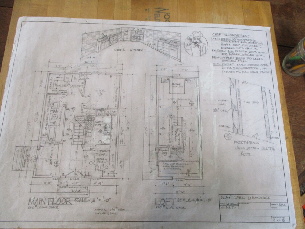 A-FRAME CABIN PLANS HAND-DRAWN ARCHITECTURAL COPIES 1200 SQ FT. CHEF'S KITCHEN