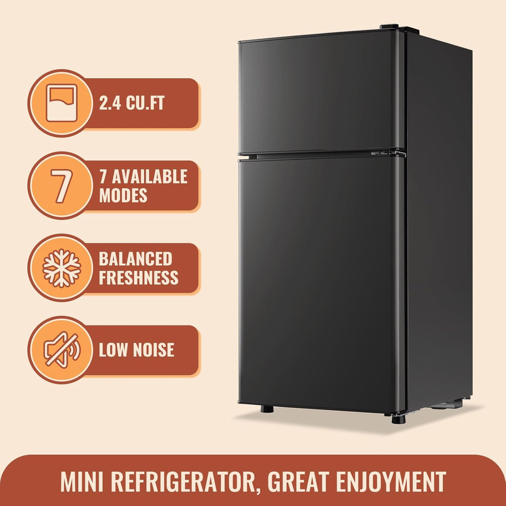 Mini Fridge with Double Doors Small Refrigerator with Separate Freezer & 7 Adjus