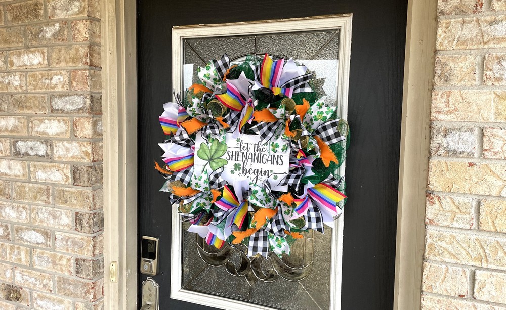 Rainbow Let Shenanigans Begin St. Patricks Day Deco Mesh Front Door Wreath Decor