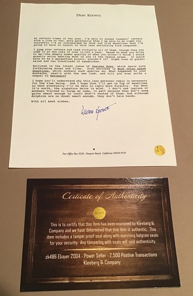 Autograph dean koontz Letter Head COA Nice Look Horror/Spooky Author