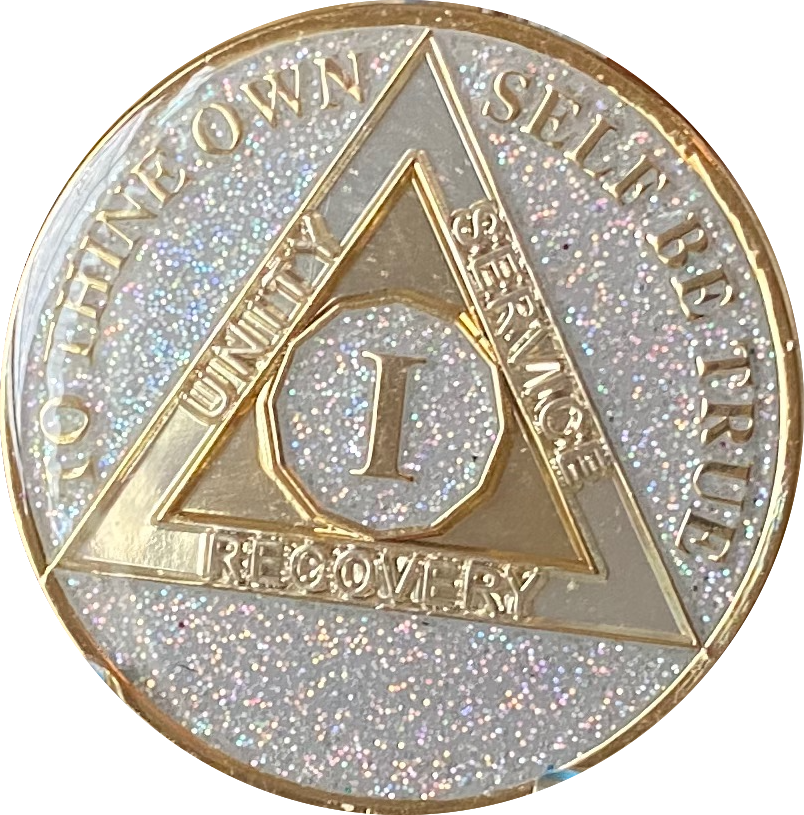 1 Year AA Medallion Opal Silver Glitter Tri-Plate Sobriety Chip