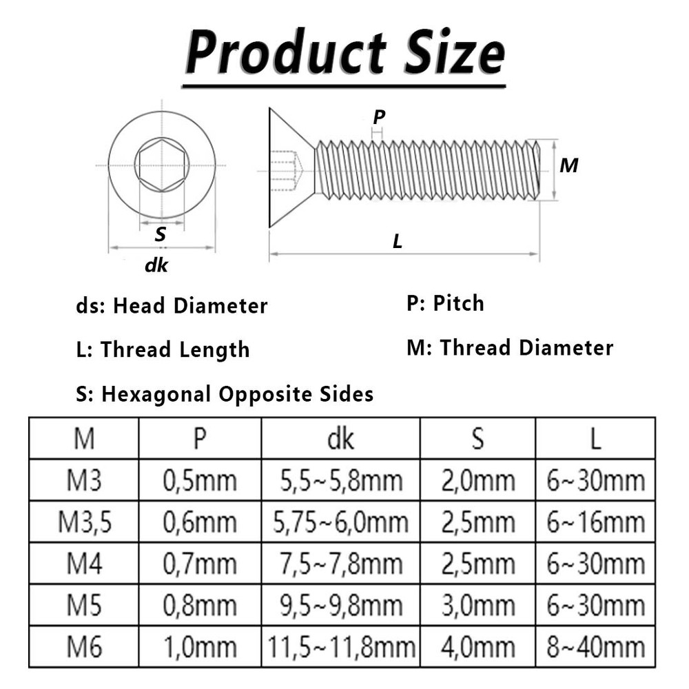 M3 M3.5 M4 M5 M6 Socket Countersunk Screws Anodization Bolts CSK Allen Key Black