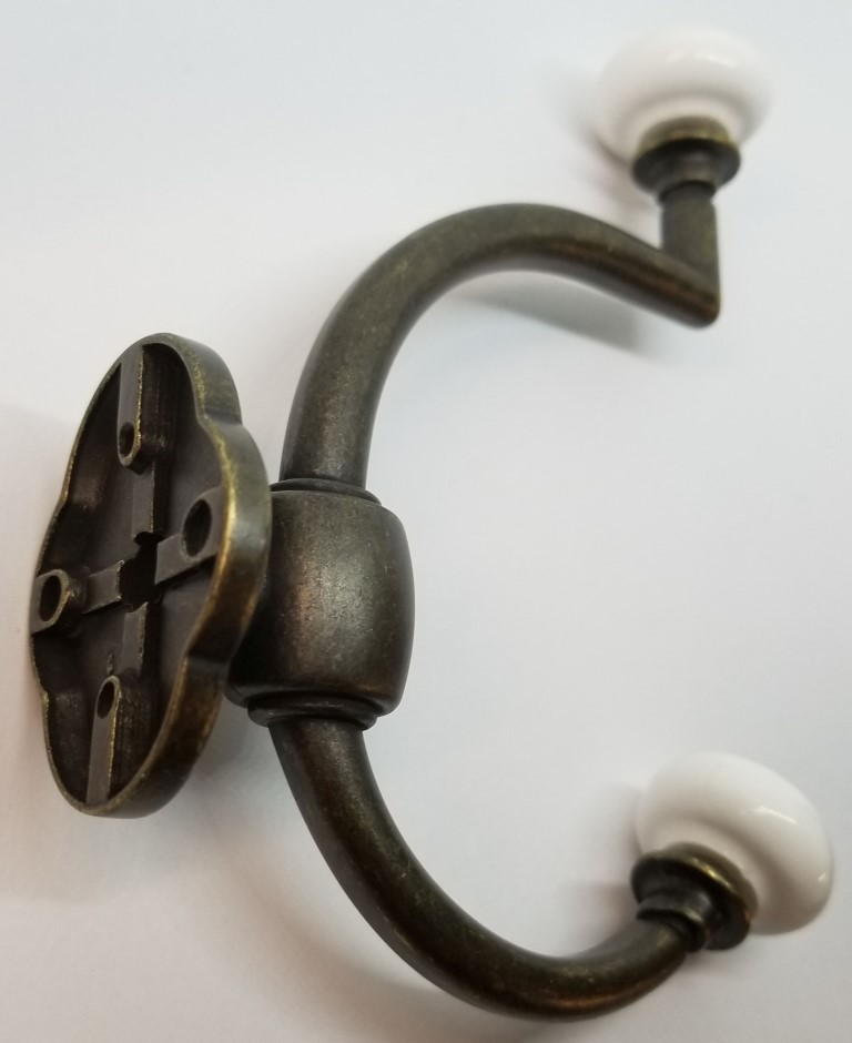 Antique Brass Double Front Mount Coat Hook Porcelain Knobs old classic vintage