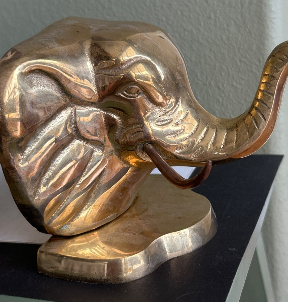 Bookends Vintage Solid Brass Elephant Trunks Up "Good Luck" MCM pair *